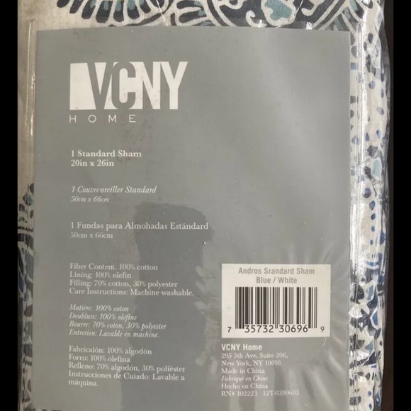 VCNY Home Sham Blue & White Paisley 1 Standard 20x26 Sham 100 Percent Cotton - Picture 2 of 2